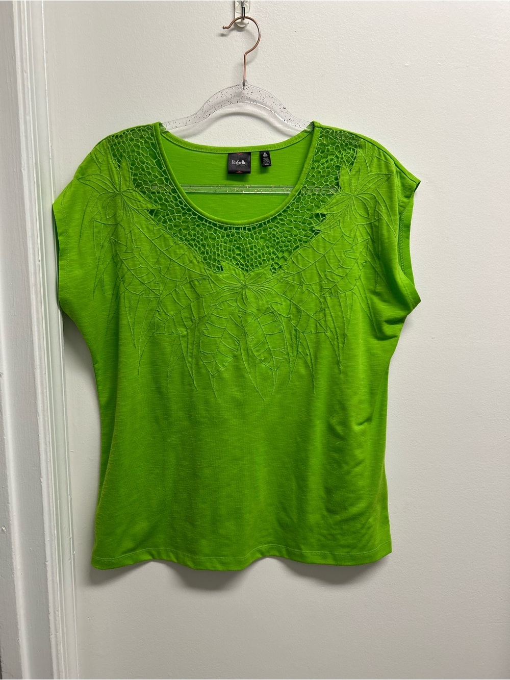 Bright Green Tropical Embroidered Scoop Neck Tee with fishnet lace trim